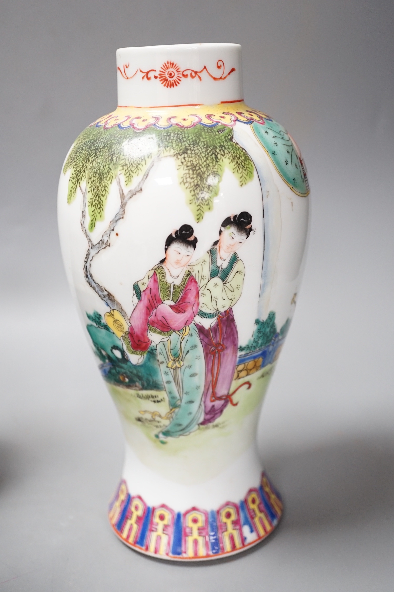 A group of Chinese porcelain vases, a cloisonné enamel vase and pot and a Middle Eastern metal vase, tallest 23 cm